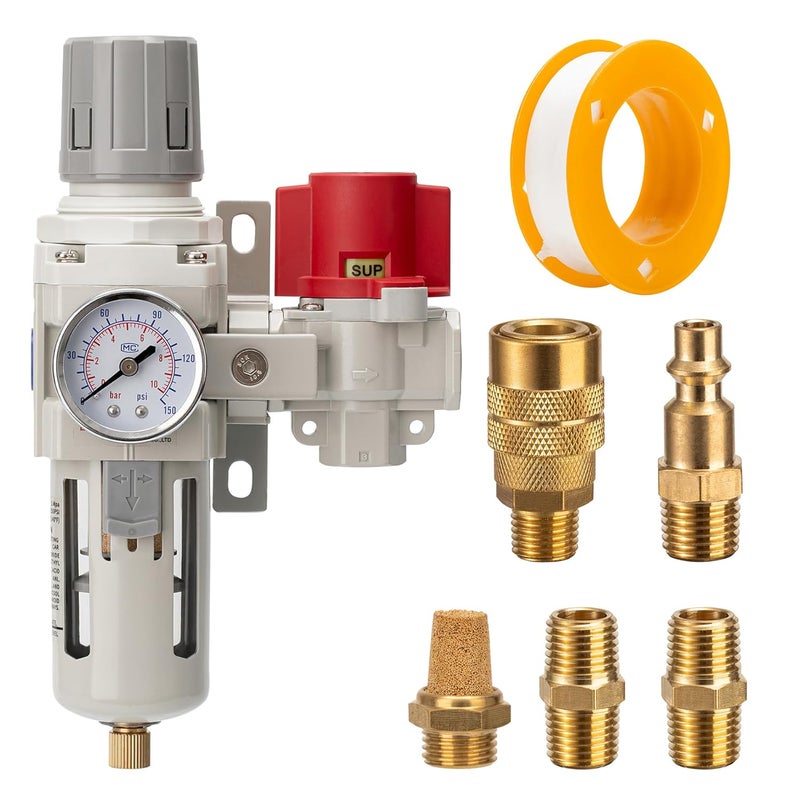 LNCHKA Industrial Air Compressor Filter Regulator Combo 3/8" NPT 0-150 PSI Gauge,Semi-Auto Drain,Pressure relief 3 port valve,5 Micron Water Separator for Pneumatic Tools - Image 1